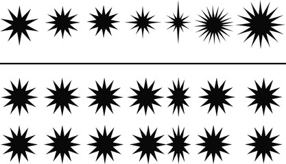 Black starburst shape collection, abstract radial burst icons, geometric sunburst symbols, decorative vector elements, silhouette design set for graphic illustration, isolated