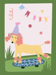 Fototapeta premium Cute poodle dog on skateboard with party hat and garland, funny festive vector illustration for children’s birthday design