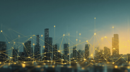 Twilight a city of modern business and smart digital innovation with a network of interconnected rewards over the cityscape of the future smart wireless digital city and social media network