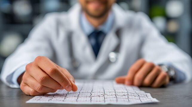 Cardiologist white coat cropped from shoulders down reviewing ECG printouts on desk face not visible