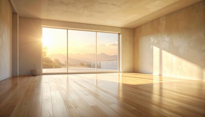 A sun-drenched empty room with panoramic mountain views, showcasing natural light and warm tones.