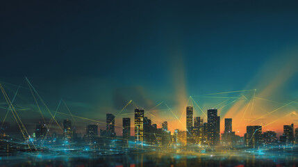 Twilight a city of modern business and smart digital innovation with a network of interconnected rewards over the cityscape of the future smart wireless digital city and social media network