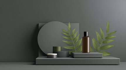 Minimalist bathroom shelf with round mirror, cosmetic bottles and fern leaves, modern spa decor with gray wall, elegant toiletry display on white tray, contemporary home interior styling
