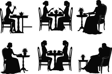 Women silhouette vector, table interaction scenes, social moments illustration, black and white graphic, dining, relaxing, talking, indoor lifestyle concept for content