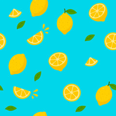 Lemon seamless pattern with leaves on blue background