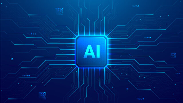 Futuristic AI chip concept. Artificial Intelligence semiconductor technology concept with circuit board. Vector illustration with AI CPU and light glowing elements. Artificial Intelligence banner.