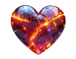 A cracked glass heart with sharp glowing fracture lines, transparent background