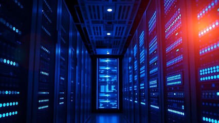 An abstract view of a server room with a atmospheric glow from numerous blue LED lights creating a gradient effect.