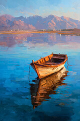 Tranquil wooden rowboat floats peacefully on calm blue water reflecting distant mountains and sky