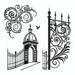 Black silhouette of ornate architectural elements including a domed gatehouse, a bird in flight, and a large decorative gate section with swirling patterns on a white background