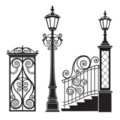 Black silhouette of ornate gates lampposts and fence with stairs on white background Keywords: gate, ornate, wrought iron, lamp post, fence, stairs, silhouette, black and white, design, detail