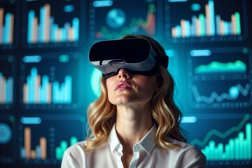 Woman immersed in digital world with virtual reality glasses and floating graphs and charts.