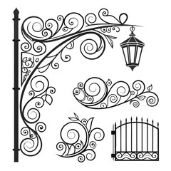 Black Silhouette of Ornate Wrought Iron Elements Including a Lamp Post, Gate, and Decorative Flourishes