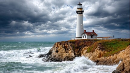 Dramatic coastal scene with lighthouse and waves
