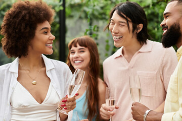 Young friends enjoy laughter and joy together at a vibrant outdoor cafe gathering during the day