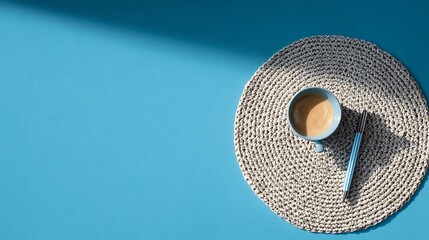 A serene overhead view of a cup of dark coffee resting on a woven placemat with a spoon on a bright blue textured surface