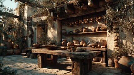 Rustic kitchen setting with aged wooden table and pottery collection in aged house