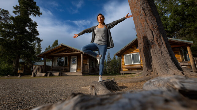 Wide scene: woman in eagle pose, balanced and serene, rustic cabins and trees creating natural frame. - Powered by Adobe