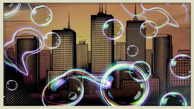 Floating iridescent soap bubbles on a dark background with a textured corner design element