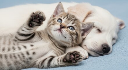 A playful tabby kitten rests its head on the back of a sleeping white puppy