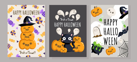 Halloween cute playful greeting cards design with Cute Pumpkin Stack, Black Cat, and Halloween Elements hand drawn Vector Illustration