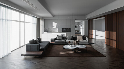 Minimalist modern apartment interior with cozy living room, marble kitchen wall, sleek contemporary furniture, soft daylight, and photorealistic 3D architectural visualization