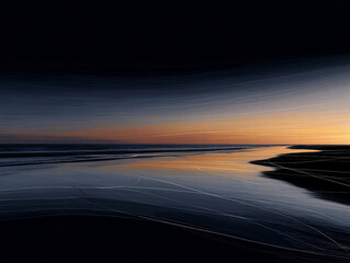 Dramatic sunset over calm ocean beach with dark sky gradient, peaceful coastal twilight scene with reflective water, serene seascape at dusk with sandy shore, tranquil evening horizon
