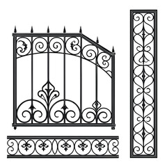 Decorative Wrought Iron Fence Sections and Vertical Panel with Scrollwork and Fleur-de-lis Motifs on White Background Keywords: wrought iron, fence, railing, panel, scrollwork, filigree