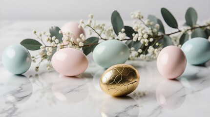 delicate pastel eggs with golden accents arranged on a white marble tabletop | spring, easter, celebration, decoration, luxury theme