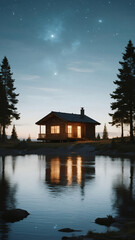 Fototapeta premium wooden cabin on lakeside, warm light glowing from window, calm lake reflecting stars