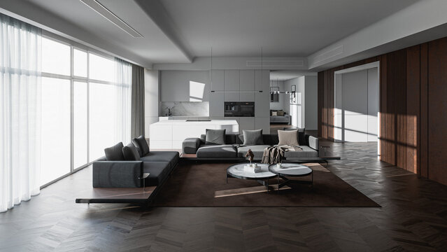 Minimalist modern apartment interior with cozy living room, marble kitchen wall, sleek contemporary furniture, soft daylight, and photorealistic 3D architectural visualization