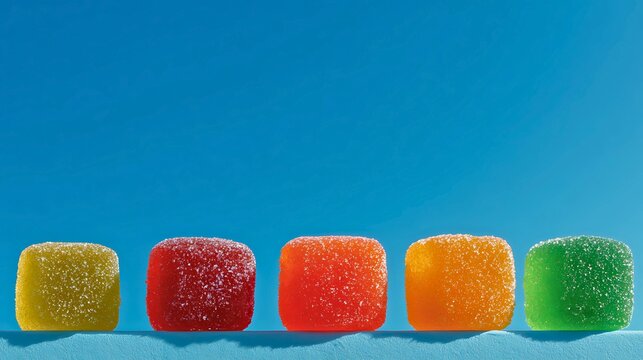 Five colorful gummy candies lined up in a row against a vibrant blue background - Powered by Adobe