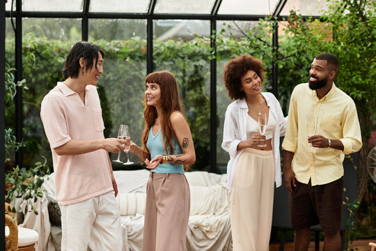 Joyful moments among young friends in a stylish outdoor cafe sharing laughter and drinks