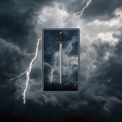Swords tarot card with stormy background