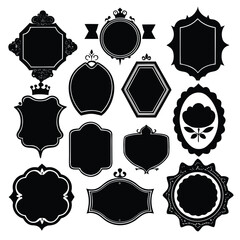 Group of Black Decorative Frames and Emblems Including Crown and Ribbon Designs on White Background