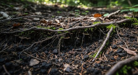 Forest floor with exposed tree roots, moss, and dark soil detail