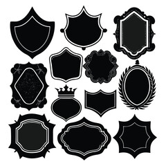 Group of Fifteen Black Decorative Frames and Labels with Varied Ornate Styles on White badge crest