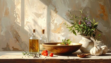 A still life arrangement featuring a wooden bowl filled with a medley of herbs and spices, alongside bottles of olive oil, fresh tomatoes, and a bouquet of wildflowers in a ceramic vase, bathed in...