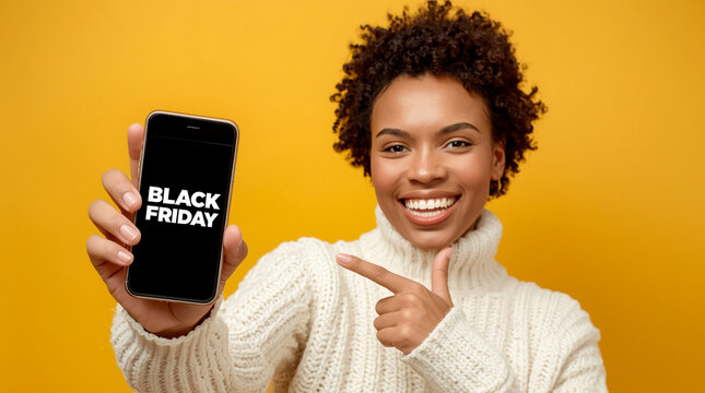 Smiling young woman in white sweater holding smartphone with Black Friday sale text and pointing at screen on yellow background, cheerful shopping discount promotion and holiday marketing concept
