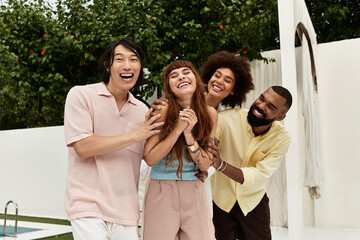Friends enjoying a joyful day together at an outdoor cafe amid lush green surroundings
