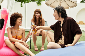 Stylish friends celebrate joy and friendship at a vibrant pool party under the sun