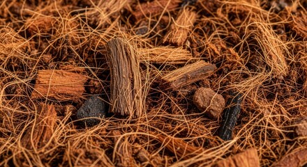 Brown coir texture background with bark pieces close up view