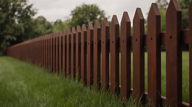 rustic wooden fence with morning dew drops on grass in rural meadow landscape | countryside, agriculture, farming, rural, nature theme