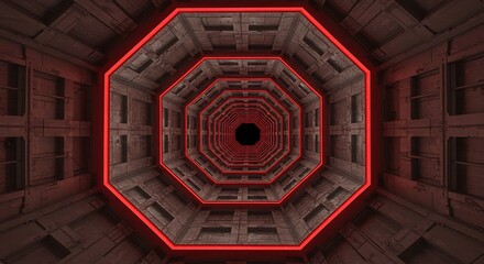 Red-lit octagonal tunnel with geometric patterns and futuristic design