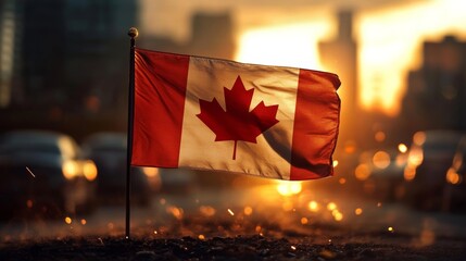 Canadian flag waving in the sunset urban landscape photography city environment close-up view national pride concept