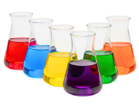 Colorful chemical solutions in a group of science lab flasks on a transparent background
