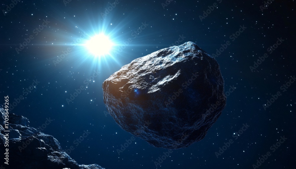 Poster large asteroid floating in deep dark empty space illuminated by a bright distant sun in space