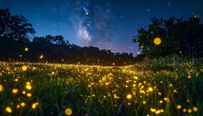 Glowing fireflies crafting sincere messages in their dance under a starry night, professional HD camera clarity showcasing motion 