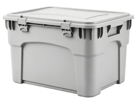 Heavy-duty grey plastic storage container with a locking lid on a transparent background - Powered by Adobe