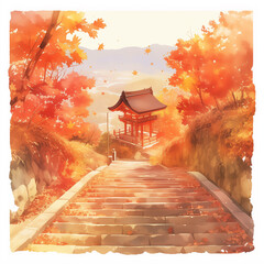 日本の秋を象徴する紅葉を水彩画風に描き出したイラスト。余白を活かした構成が神秘的で荘厳な雰囲気を醸し出し、息をのむような美しさを表現している。